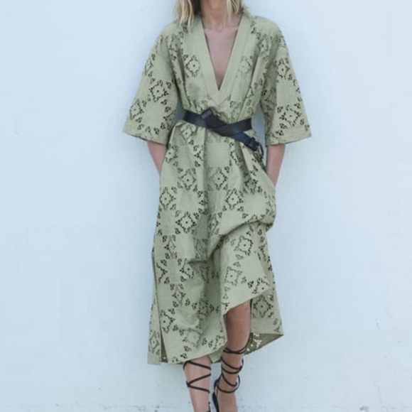 Zara Dresses Zara Sage Green Openwork Embroidered Floral Crochet Midi Dress Poshmark